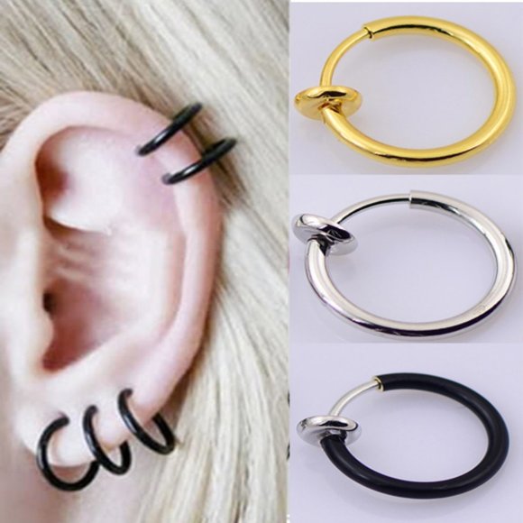 Fake Cheater Piercing 3 Pcs No Pain Ear Nose 18k Gold, Silver, Blk Niobium Plate - Picture 1 of 6